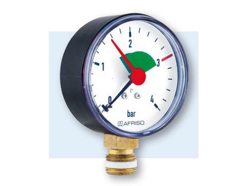 Afriso Manometer radial 3/8" AG, Ø 63 mm, Anzeige 0 - 4 bar, mit roter Marke bei 2,5 bar und grünem Feld von 1,5 bis 2,5 bar, selbstdichtend