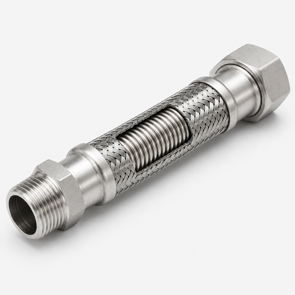 DN25 Edelstahlwellschlauch mit Edelstahlumflechtung – 1" konisches AG, fest x 1" IG Überwurfmutter flach dichtend – Innenwellrohr V4A 1.4404 / AISI 316L – Umflechtung & Anschlüsse V2A 1.4301 / AISI 304 – Gesamtlänge: 2.000 mm