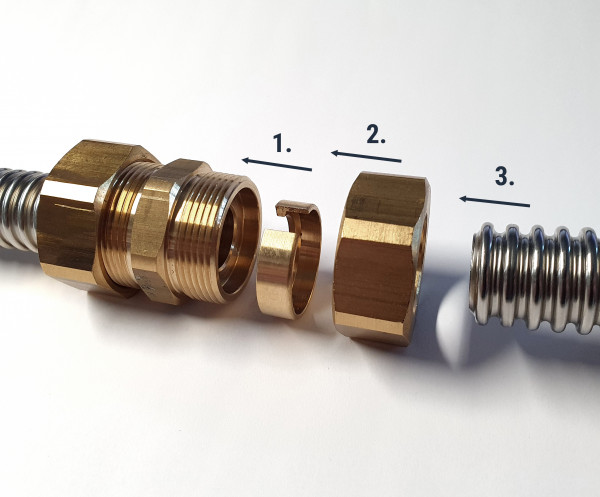 Schnellverschraubung für Edelstahlwellrohr metallisch dichtend, Kupplung DN 16 x DN 16
