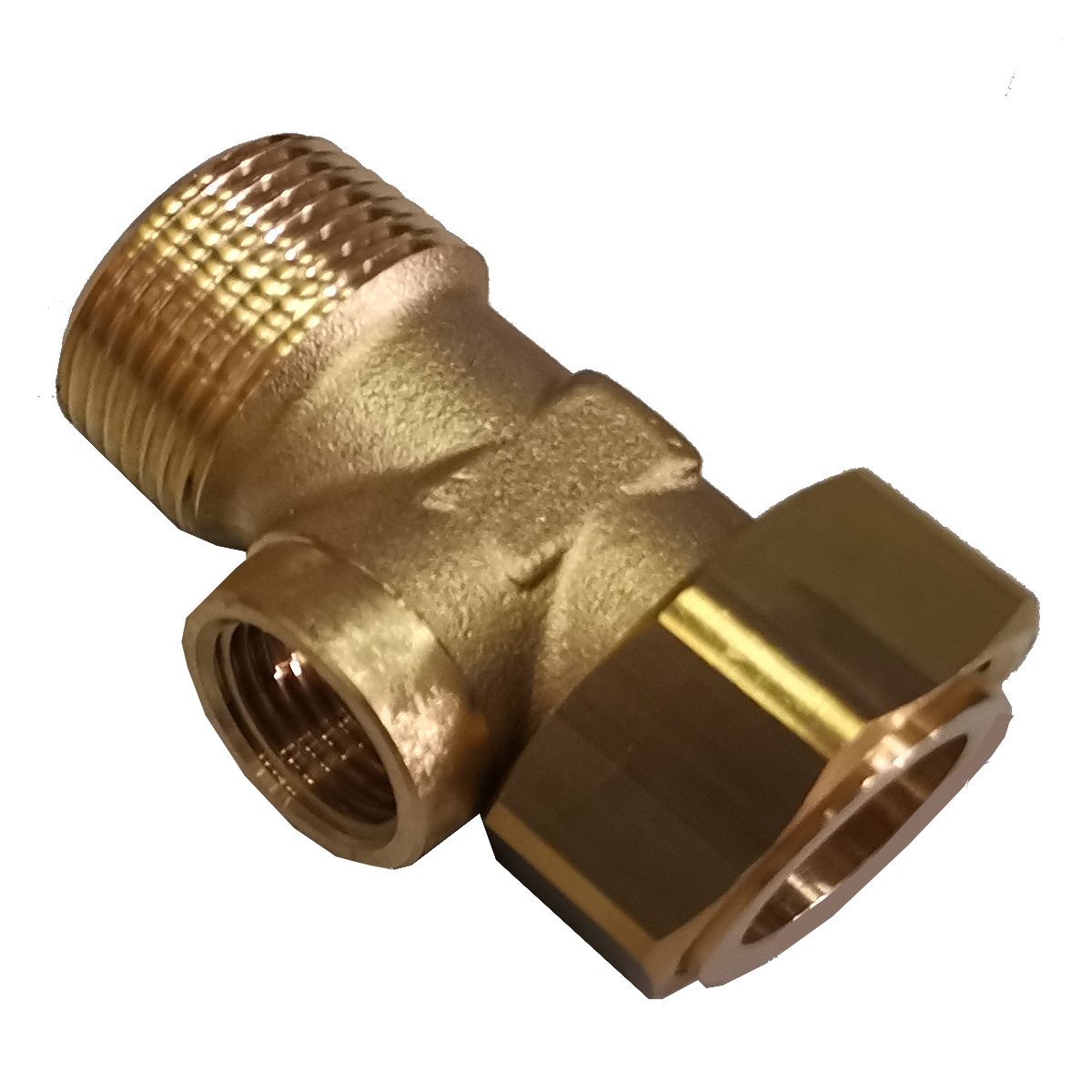 Verschraubung gerade mit 1 x Überwurfmutter 1", 1 x 1" AG und 1/2" IG am Mittelabgang