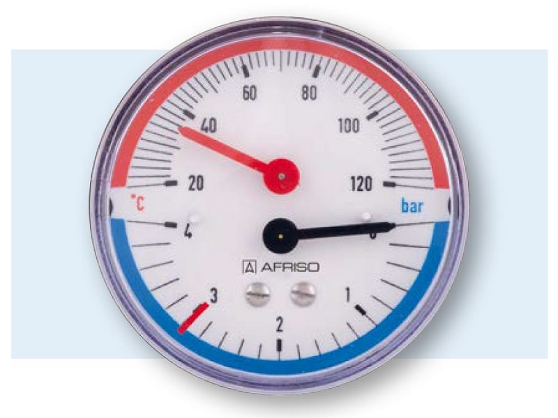Afriso Thermo-Manometer axial, 1/2"AG, 20-120°C, Ø80mm, mit Ventil, 0-4 bar