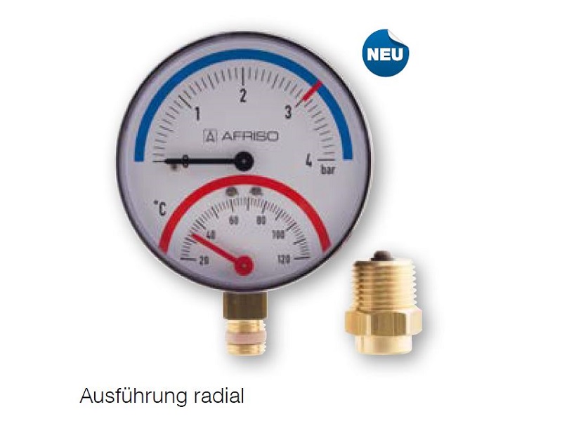 Afriso Thermo-Manometer radial, 1/2"AG, 20-120°C, Ø80mm, mit Ventil, 0-4 bar