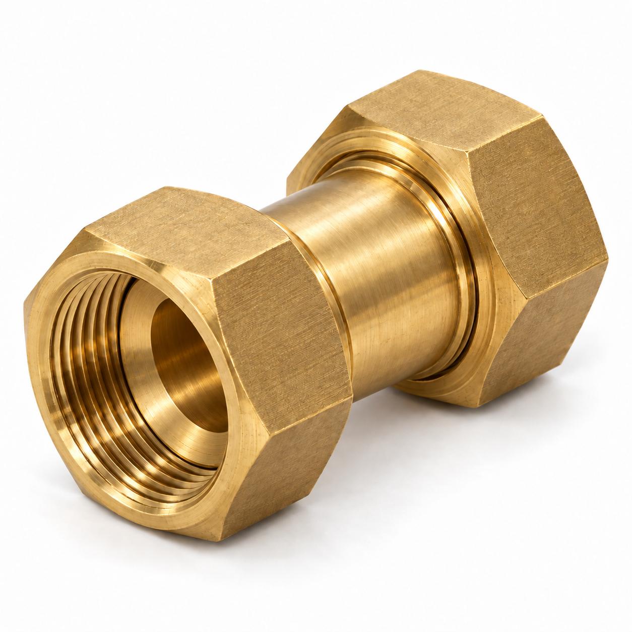 Messing-Doppelverschraubung 3/4" IG x 3/4" IG, mit zwei losen Überwurfmuttern, beidseitig flachdichtend